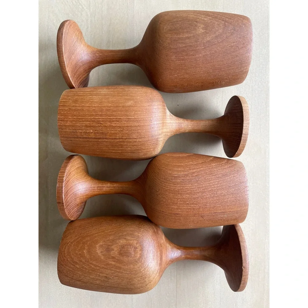 Set of 4 Vintage Wooden Goblets Hand Turned Wood Wine Cups Mid Century Rustic